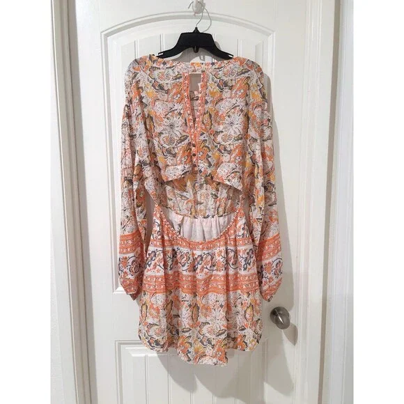 Free People Mini Pocket Dress Sun Ruffle Printed Long Sleeve Cut Out Back Button - Picture 5 of 12